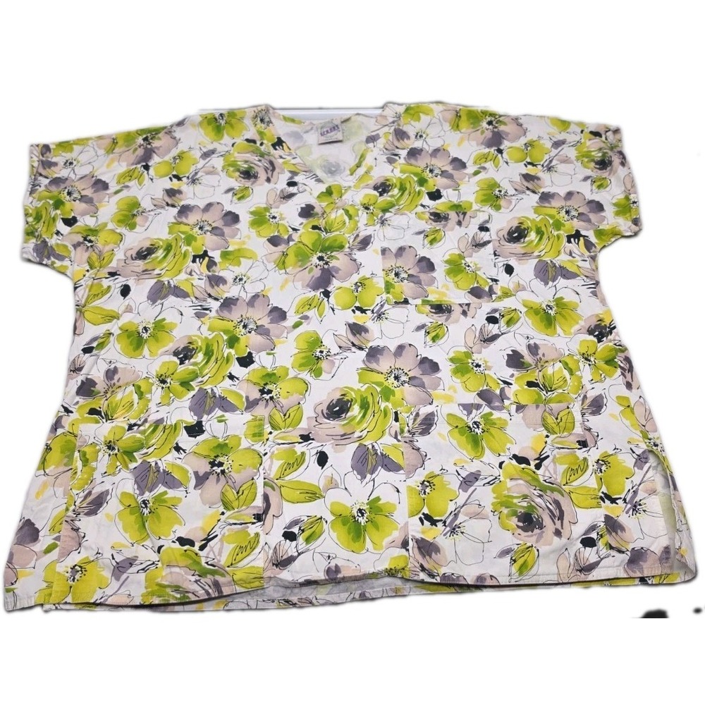 Ladies 2X Cotton Scrubs Top Green Flowers Pattern Scrubs Brand W/Front Pockets